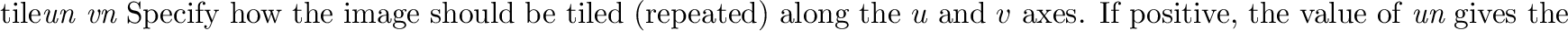 \begin{defkey}{map}{{\tt uv}}
Use the $uv$\ (inverse mapping) method associate...
...cted in order to map from 3D to determine
texturing coordinates.
\end{defkey}